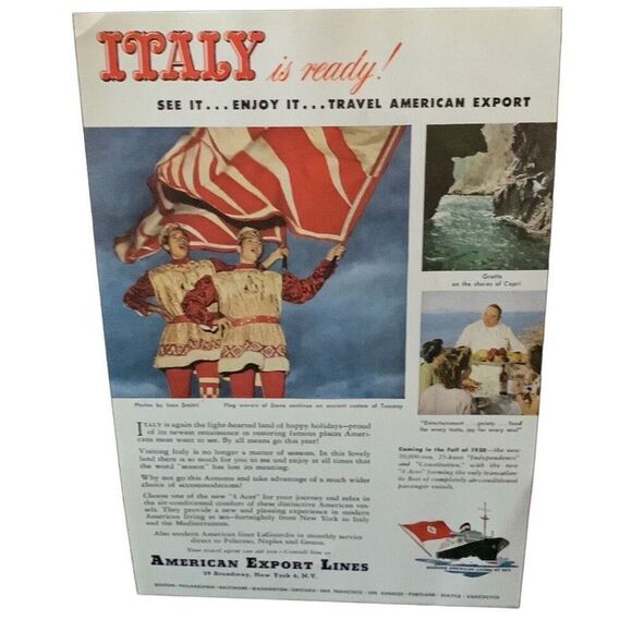 Vintage 1949 American Export Lines Italy is Ready Ad Advertisement - Picture 1 of 4
